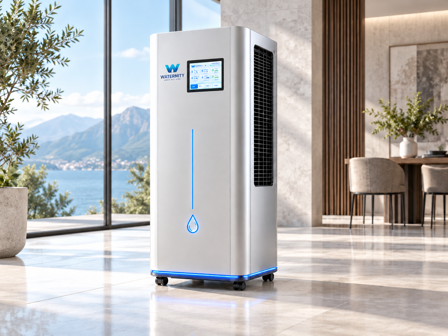 Modelo Waternity rectangular de piso con ruedas, instalado en un espacio interior